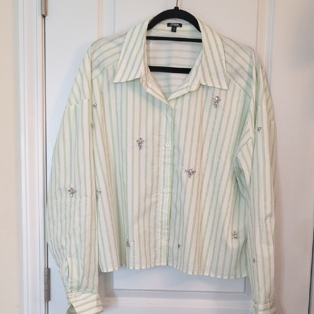 Express Light Green and White Striped Shirt